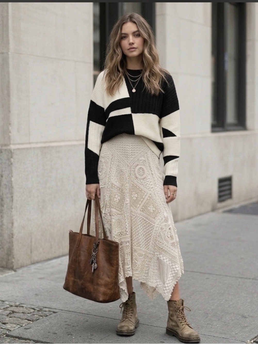 NWT RtA Aimee Wool Blend Geometric Colorblock Knit Sweater Black White Size L - Picture 4 of 16